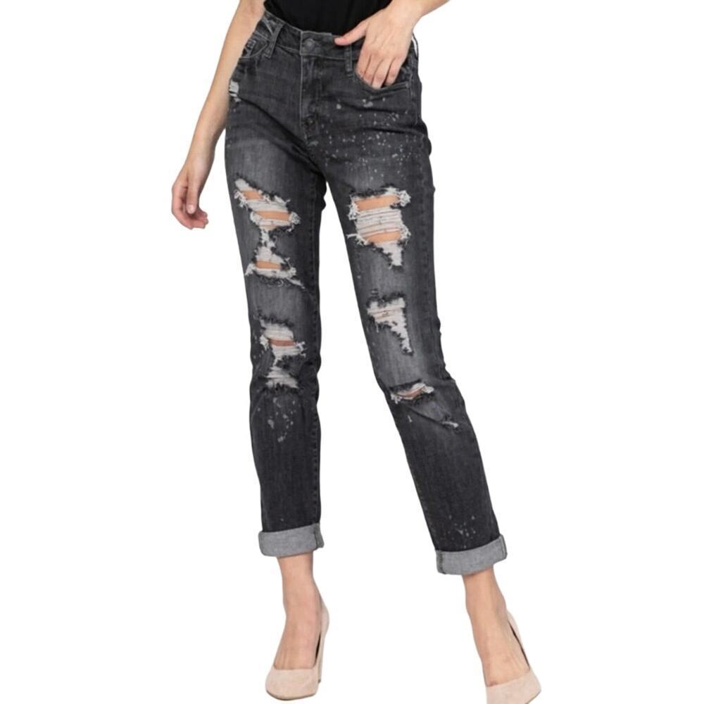 JUDY BLUE Distressed Boyfriend Fit Charcoal Gray Bleach Splatter Jeans - Sz 1/25